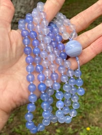 Image 4 of Blue Chalcedony Mala with Blue Lace Agate Guru Bead, Blue Chalcedony 108 Bead Japa Mala Hand Knotted