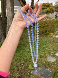 Image 5 of Blue Chalcedony Mala with Blue Lace Agate Guru Bead, Blue Chalcedony 108 Bead Japa Mala Hand Knotted