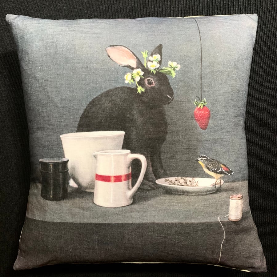 Image of Linen Strawberry Rabbit Cushion