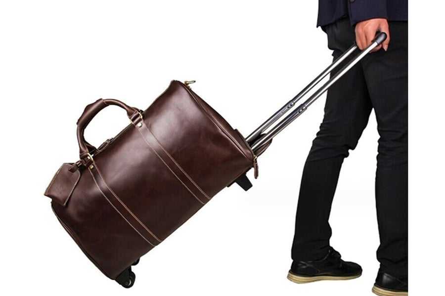 Image of Genuine Natural Leather Travel Bag with Wheels, Leather Trolley Bag, Duffle Bag 