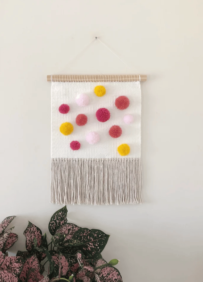 Image of Woven Wall Hanging - Pom-Pom, Pink, Yellow (large)