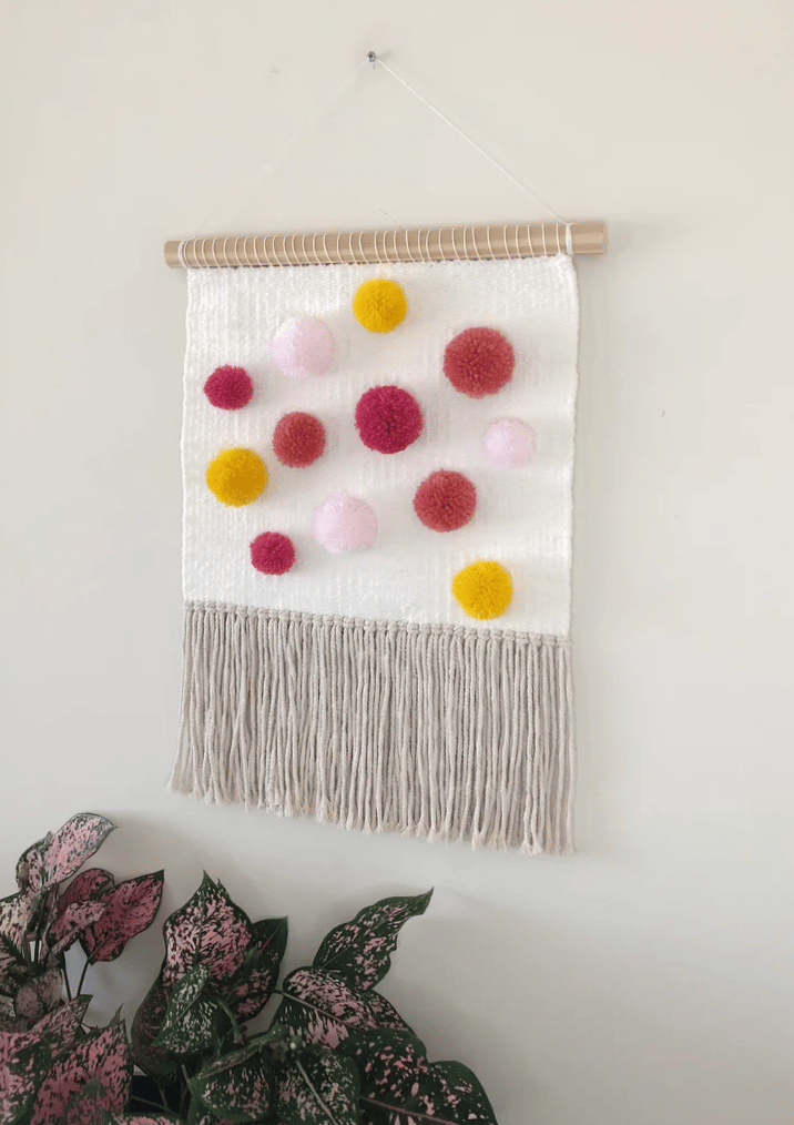 Image of Woven Wall Hanging - Pom-Pom, Pink, Yellow (large)