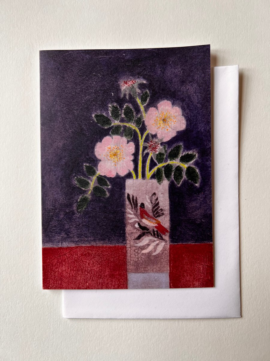 Image of Folk Vase with Dog Roses Greetings Card
