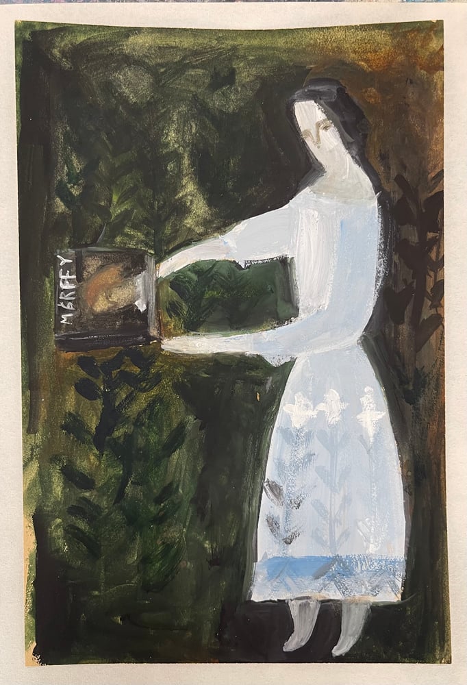 Image of Pisák Krisztina: Nő kék ruhában Márffy albummal	- gouache -  18,5x12,5cm