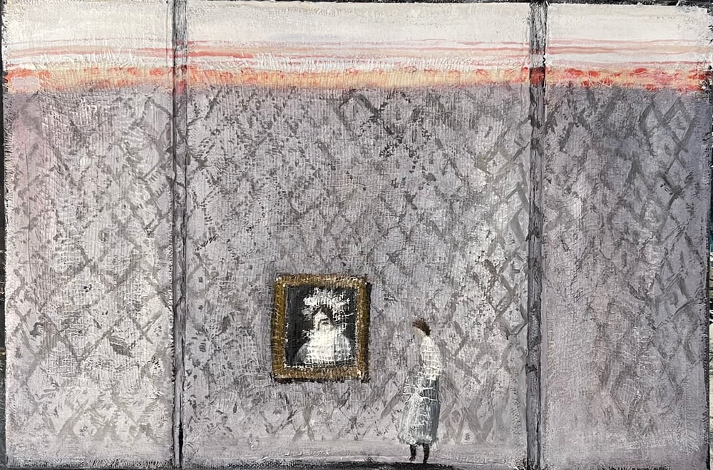 Image of Pisák Krisztina: Lila falak, álló nő alak és egy portré a falon - TRIPTICHON