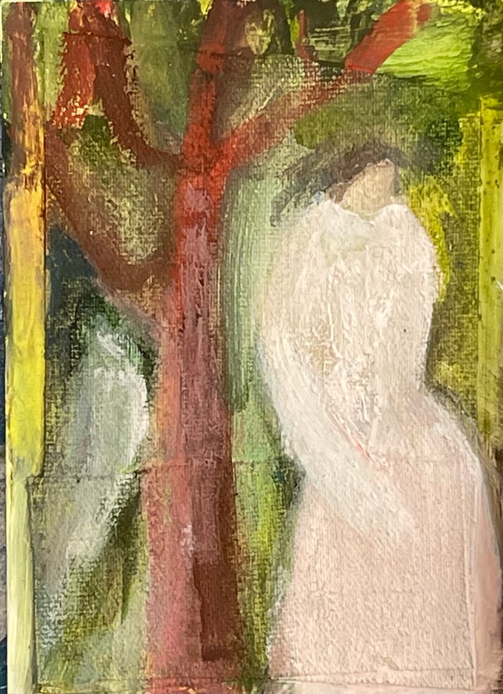 Image of Pisák Krisztina: Rózsaszín ruhás nő fa mellett