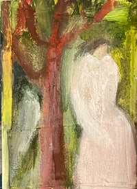 Pisák Krisztina: Rózsaszín ruhás nő fa mellett