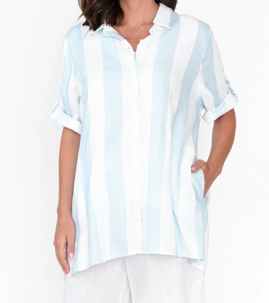 Image of Polly Linen/Cotton Stripe Top - Blue