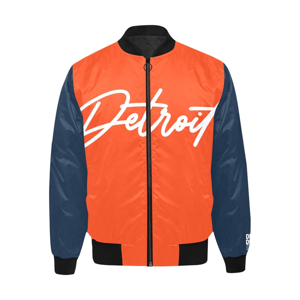 Image of Orange/Blue/White Detroit Printed Bomber Jacket