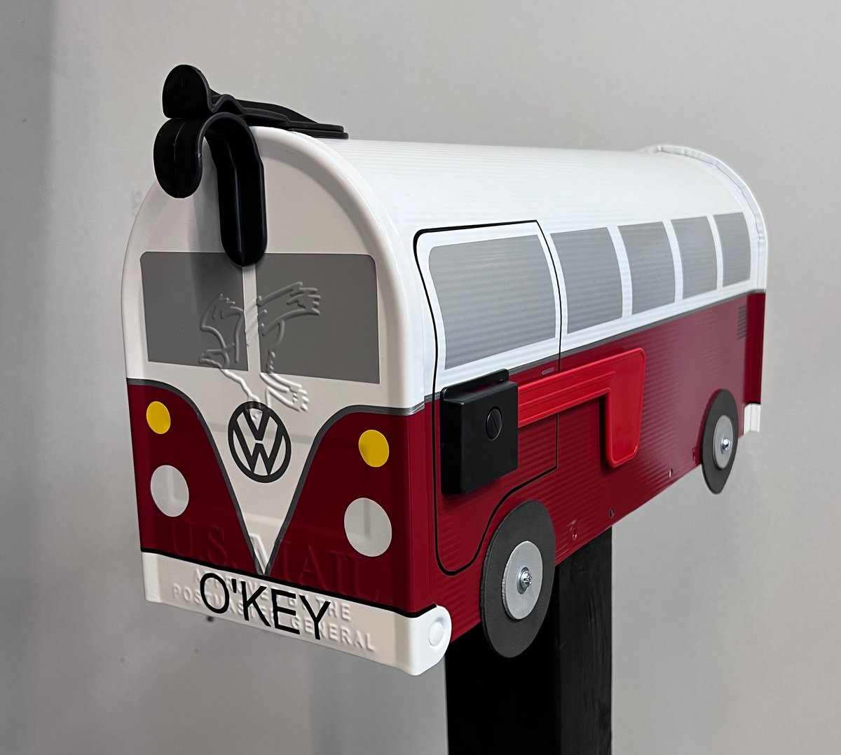 Colonial Red Volkswagen Bus Mailbox by TheBusBox - Grey Windows | TheBusBox