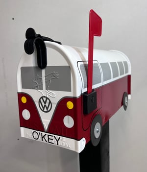 Image of Colonial Red Volkswagen Bus Mailbox by TheBusBox - Grey Windows