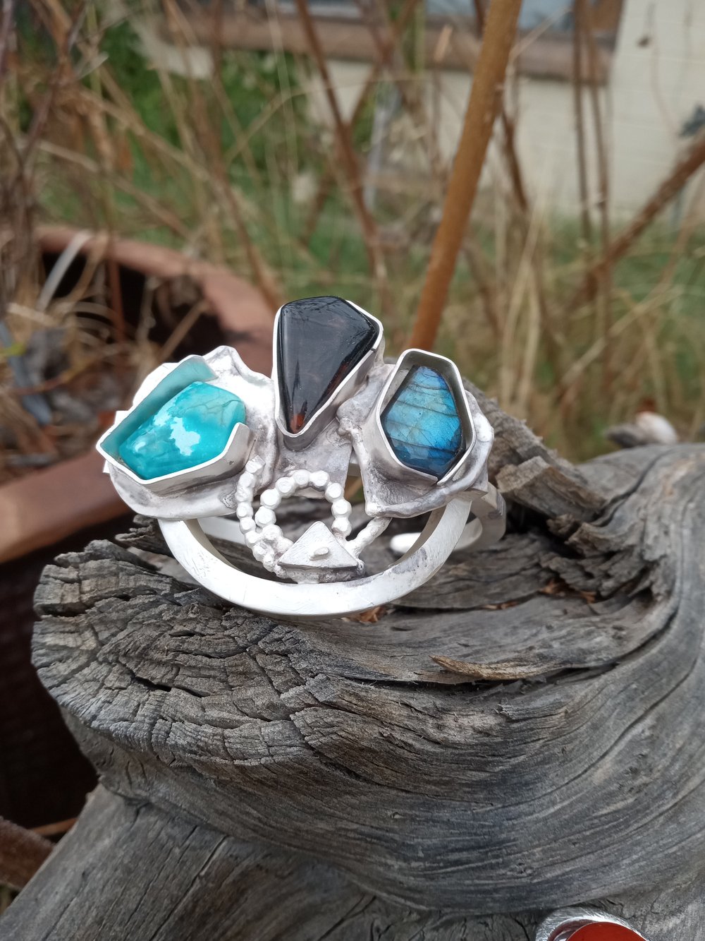 Image of Square Wire Cuff Labadorite, Blue Hawk eye and turquoise