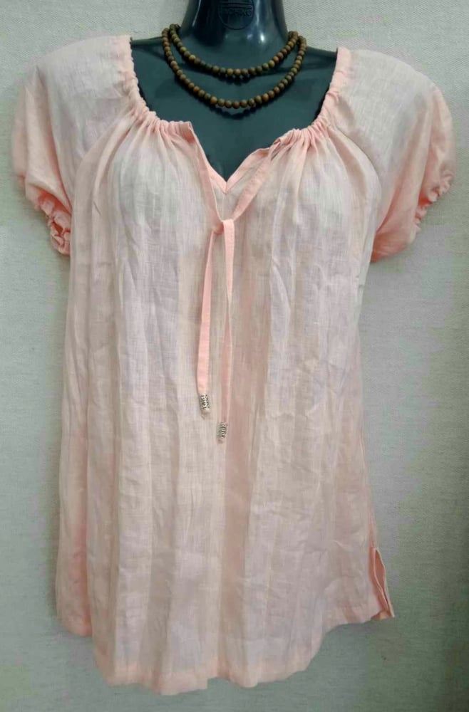 Image of Pure Linen Peasant Top - Peach ( short sleeve )