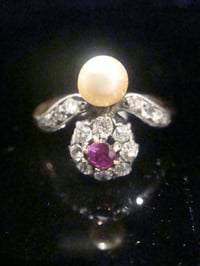 Image 2 of EDWARDIAN 18CT YELLOW GOLD NATURAL RUBY OLD CUT DIAMOND PEARL CLUSTER RING