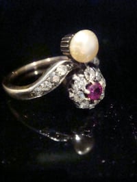 Image 3 of EDWARDIAN 18CT YELLOW GOLD NATURAL RUBY OLD CUT DIAMOND PEARL CLUSTER RING