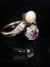EDWARDIAN 18CT YELLOW GOLD NATURAL RUBY OLD CUT DIAMOND PEARL CLUSTER RING