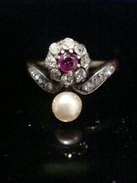 Image 1 of EDWARDIAN 18CT YELLOW GOLD NATURAL RUBY OLD CUT DIAMOND PEARL CLUSTER RING