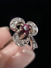 Image 2 of EDWARDIAN 18CT YELLOW GOLD NATURAL RUBY OLD ROSE CUT DIAMOND 3 LEAF CLOVER RING