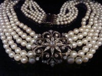 Image 1 of EDWARDIAN VICTORIAN 18CT SILVER HUGE DIAMOND 3-3.20ct CULTURED PEARL 5 STRAND NECKLACE