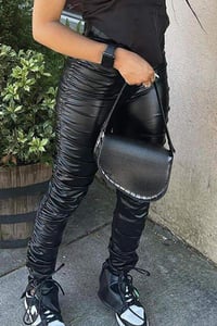 Image 2 of PU Leather Ruched Drawstring High Waist Pants