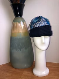 Image 2 of H.O.D. Knitted Brim Hat Navy Checker Board Embroidery Fabric Crown W/Heavy Cable Knitted Brim