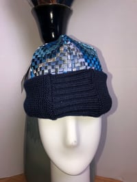 Image 1 of H.O.D. Knitted Brim Hat Navy Checker Board Embroidery Fabric Crown W/Heavy Cable Knitted Brim