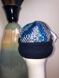 Image 3 of H.O.D. Knitted Brim Hat Navy Checker Board Embroidery Fabric Crown W/Heavy Cable Knitted Brim