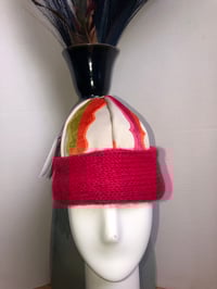 Image 1 of H.O.D. Knitted Brim Hat Orange/Pink Velvet Crown With Red Knitted Cable Brim Accent