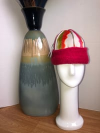 Image 2 of H.O.D. Knitted Brim Hat Orange/Pink Velvet Crown With Red Knitted Cable Brim Accent