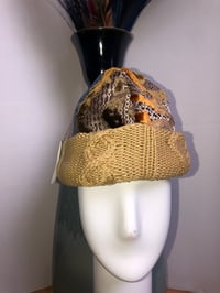 Image 1 of H.O.D. Knitted Brim Hat Gold Velvet Ikat Fabric Crown W/Denim Panel Golden Cable Knitted Brim