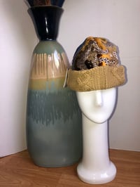 Image 2 of H.O.D. Knitted Brim Hat Gold Velvet Ikat Fabric Crown W/Denim Panel Golden Cable Knitted Brim
