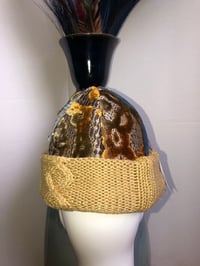 Image 4 of H.O.D. Knitted Brim Hat Gold Velvet Ikat Fabric Crown W/Denim Panel Golden Cable Knitted Brim