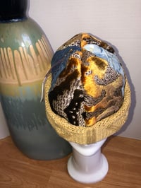 Image 3 of H.O.D. Knitted Brim Hat Gold Velvet Ikat Fabric Crown W/Denim Panel Golden Cable Knitted Brim