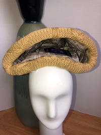 Image 5 of H.O.D. Knitted Brim Hat Gold Velvet Ikat Fabric Crown W/Denim Panel Golden Cable Knitted Brim