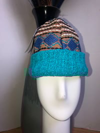 Image 1 of H.O.D. Knitted Brim Hat  Mexican Woven Fabric Crown W/Turquoise Cable Knitted Brim