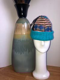 Image 2 of H.O.D. Knitted Brim Hat  Mexican Woven Fabric Crown W/Turquoise Cable Knitted Brim