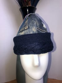 Image 1 of H.O.D. Knitted Brim Hat  Treated & Ripped Denim Crown W/ Navy Blue Knitted Cable Brim