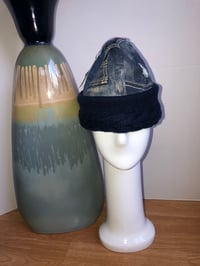 Image 2 of H.O.D. Knitted Brim Hat  Treated & Ripped Denim Crown W/ Navy Blue Knitted Cable Brim