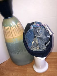 Image 3 of H.O.D. Knitted Brim Hat  Treated & Ripped Denim Crown W/ Navy Blue Knitted Cable Brim