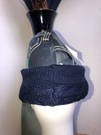 Image 4 of H.O.D. Knitted Brim Hat  Treated & Ripped Denim Crown W/ Navy Blue Knitted Cable Brim