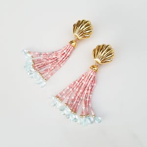 Vintage Shell Earrings with Pink Coral & Aquamarine Tassel