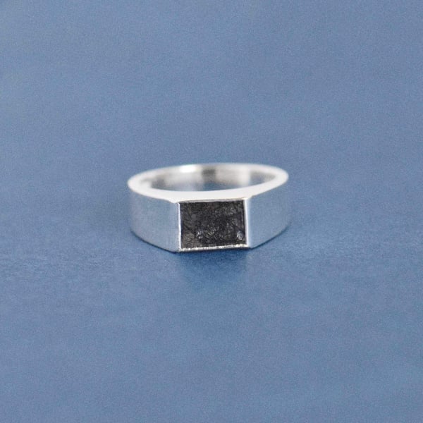 Image of Black Rutilated Quartz (Black Tourmalined Quartz) rectangle cut wide band silver ring