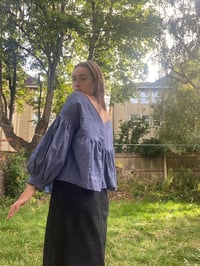 Image 3 of Indigo Check Dropped Puff Sleeve Blouse - Ready to Ship