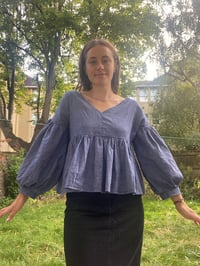 Image 2 of Indigo Check Dropped Puff Sleeve Blouse - Ready to Ship