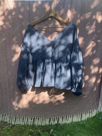 Image 1 of Indigo Check Dropped Puff Sleeve Blouse - Ready to Ship