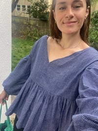 Image 4 of Indigo Check Dropped Puff Sleeve Blouse - Ready to Ship
