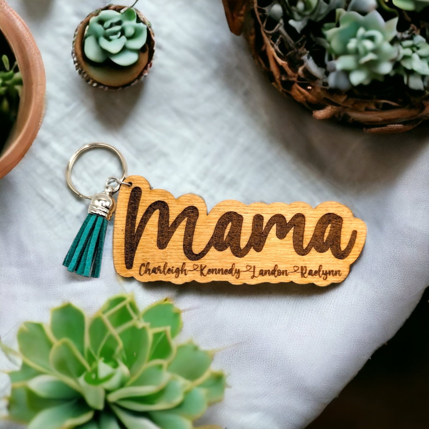 Custom Iridescent Acrylic Mom Keychain with Kids' Names and Tassel