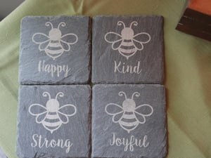 Image of Laser Engraved Bee Coaster Set, Slate Coasters, Housewarming Gift