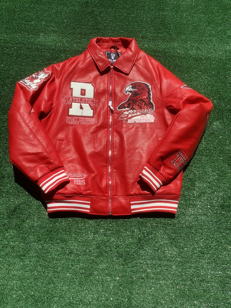 Image of Red varsity jacket