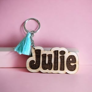Image of Personalized Wooden Name Keychain with Vibrant Tassel